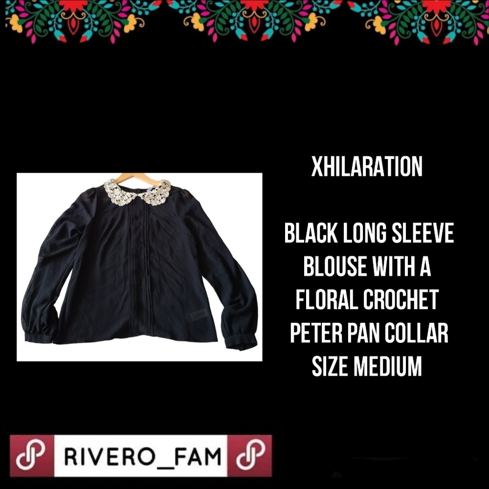 XHILARATION | BLK LONG SLEEVE W/ A FLORAL CROCHET PETER PAN COLLAR | SIZE MEDIUM